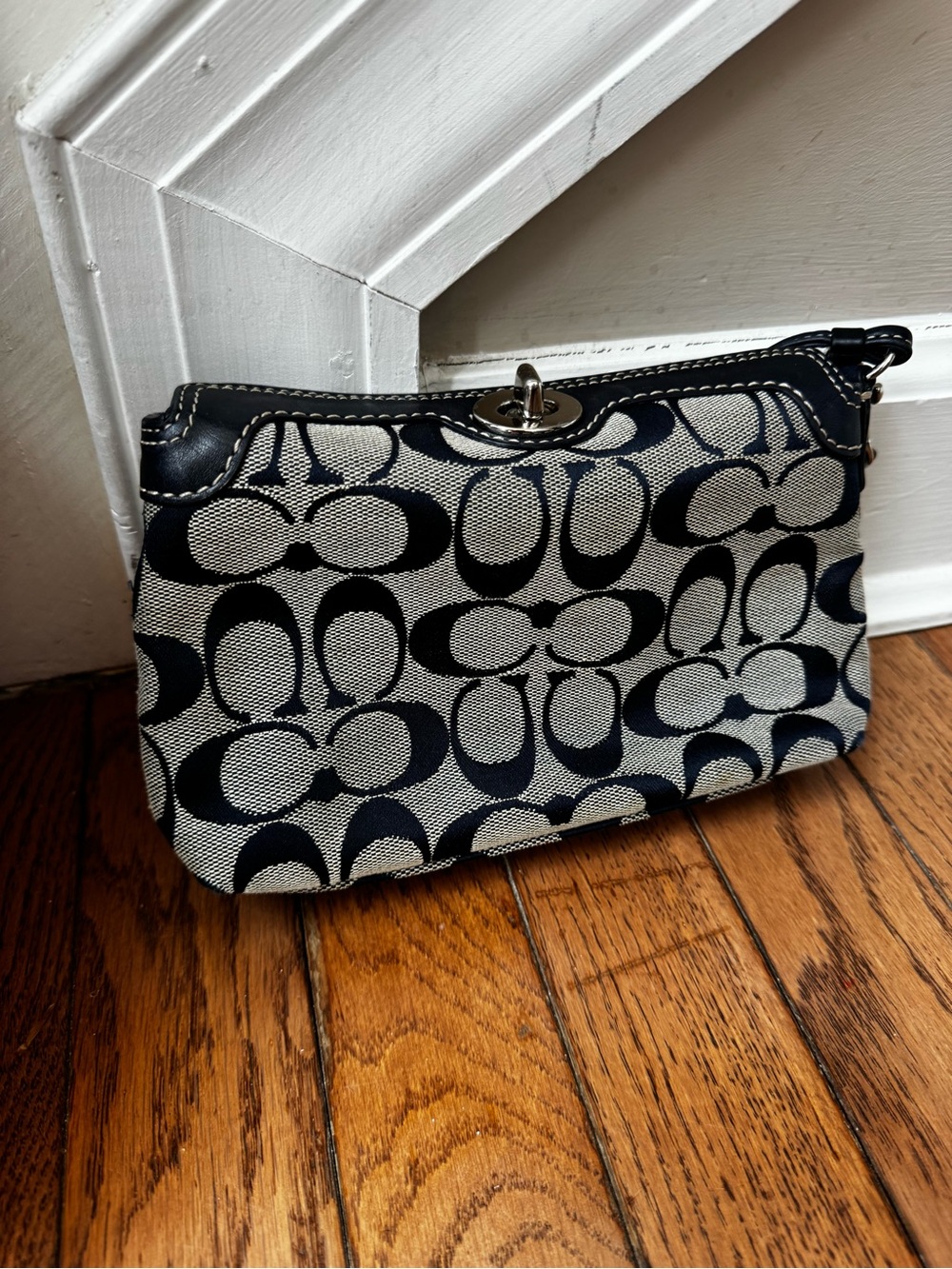 Coach Navy and Cream Signature Canvas Wristlet Y2K